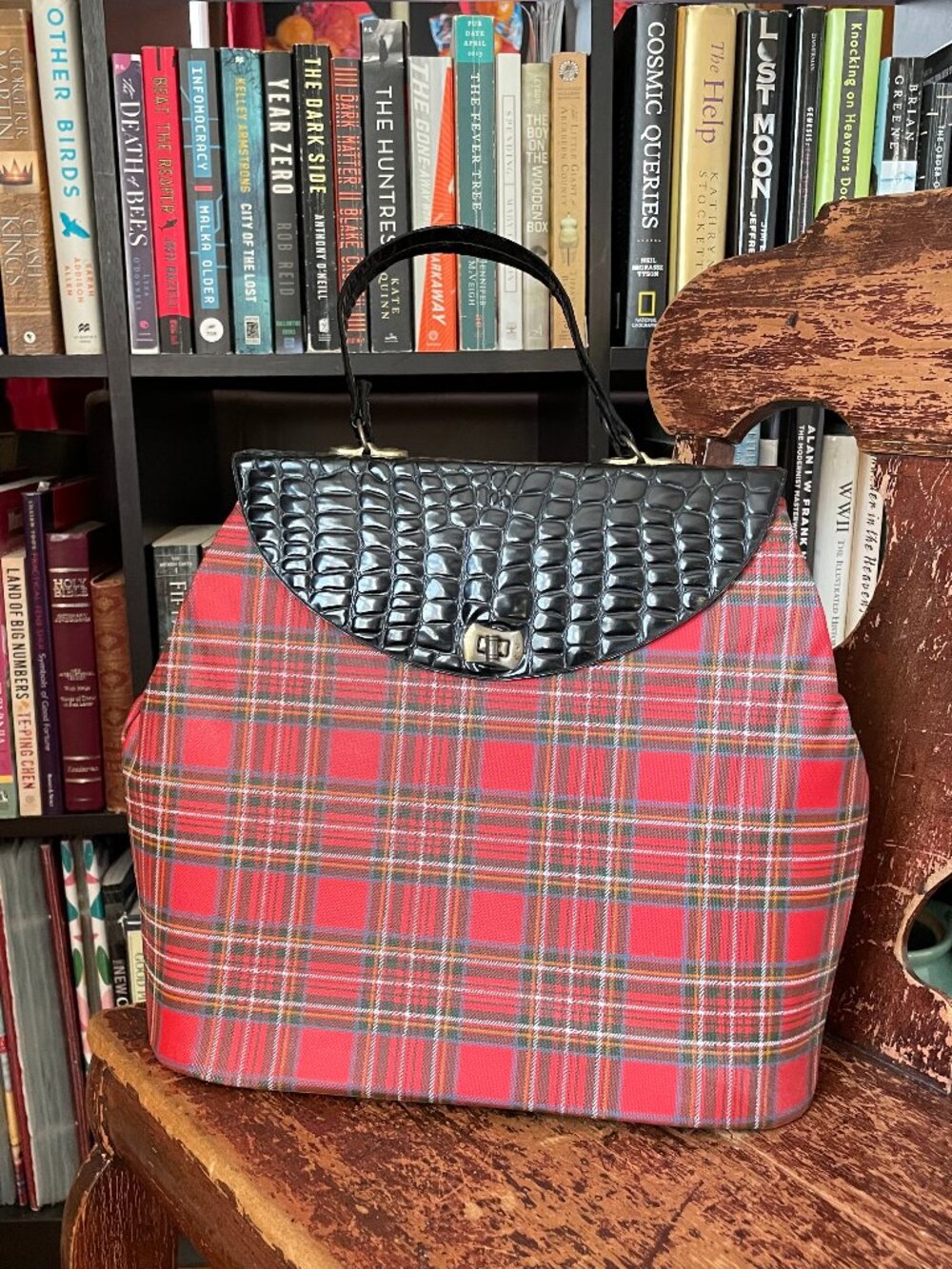 Tartan Plaid Top-Handle Bag with Croc-Textured Flap - Red/Black